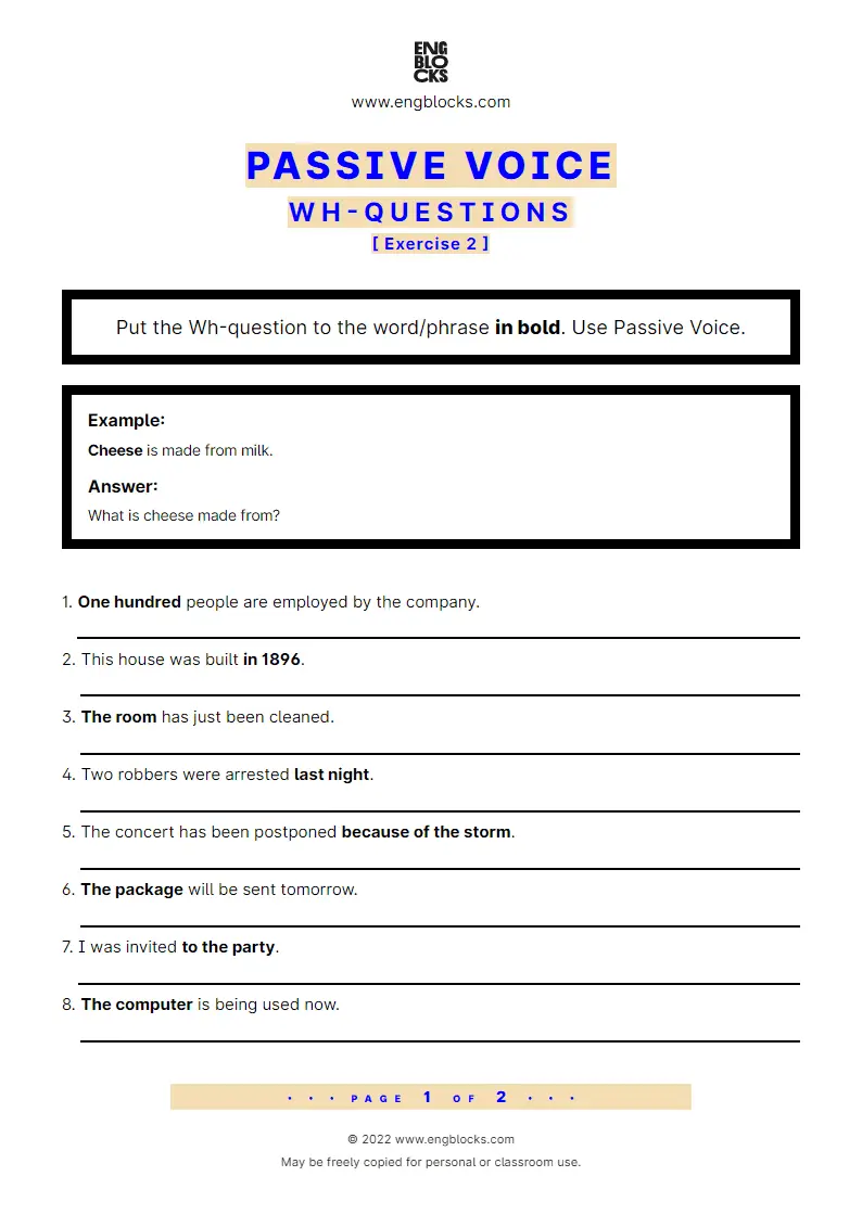 Grammar Worksheet: Questions in Passive — Put the Wh-question to the word/‌phrase in bold — Exercise 2