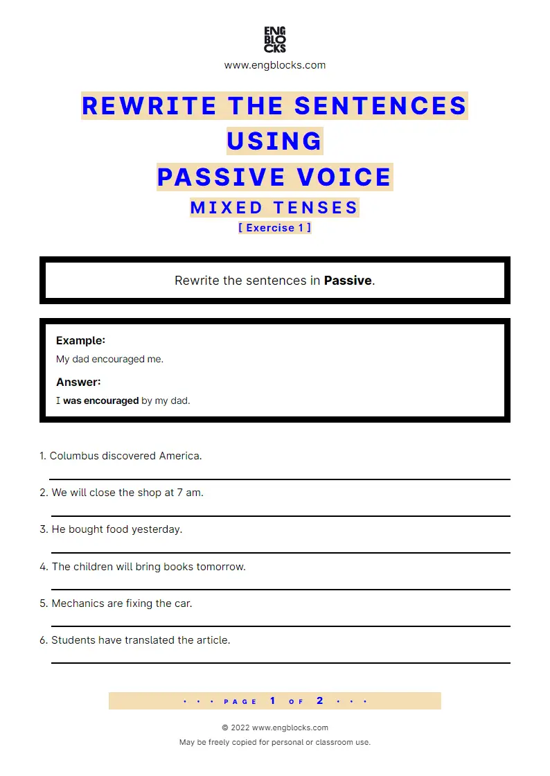 Grammar Worksheet: Rewrite the sentences using Passive voice — Mixed tenses — Exercise 1