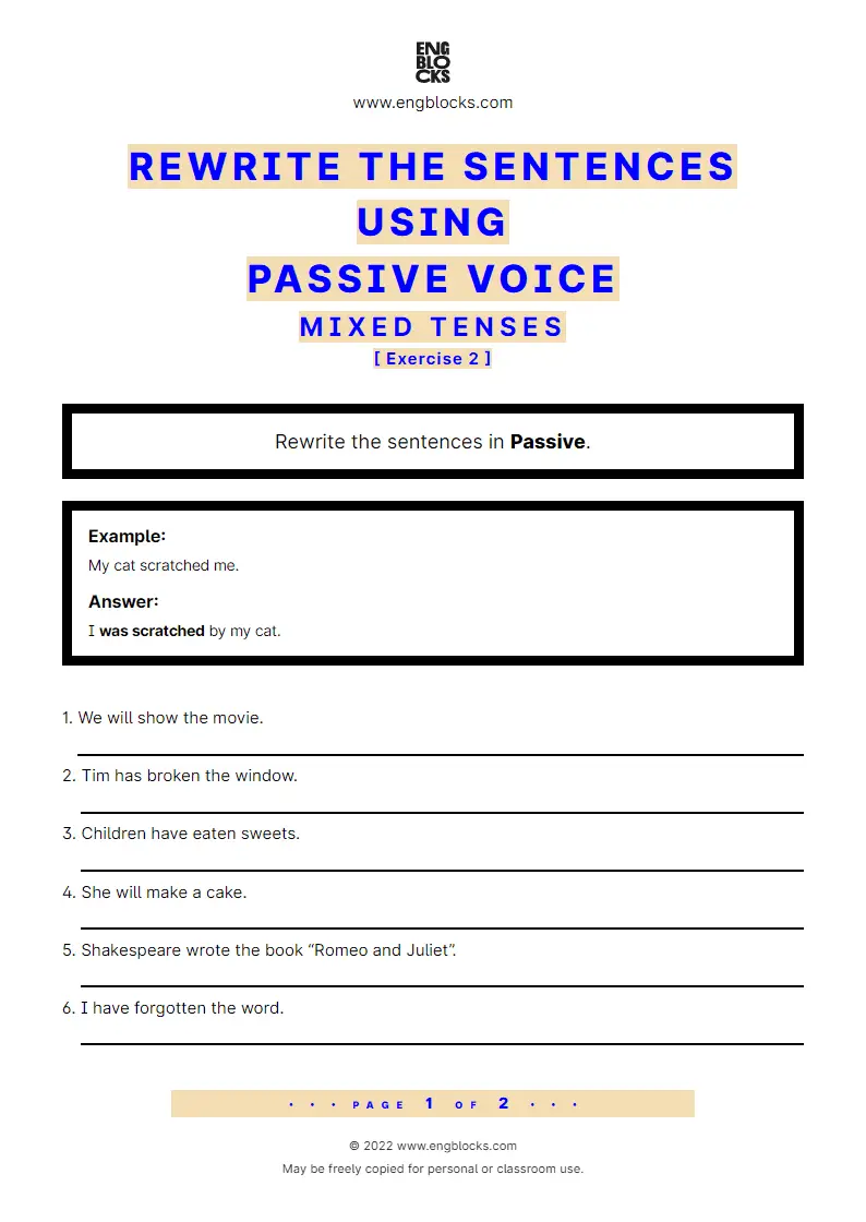 Grammar Worksheet: Rewrite the sentences using Passive voice — Mixed tenses — Exercise 2