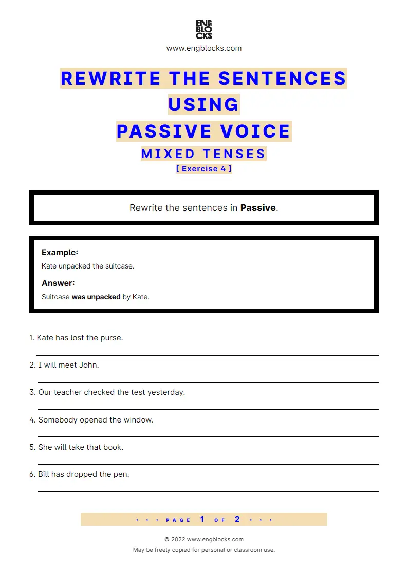 Grammar Worksheet: Rewrite the sentences using Passive voice — Mixed tenses — Exercise 4