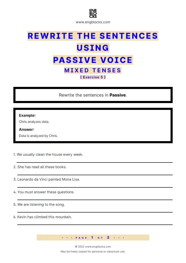 Grammar Worksheet: Rewrite the sentences using Passive voice — Mixed tenses — Exercise 5