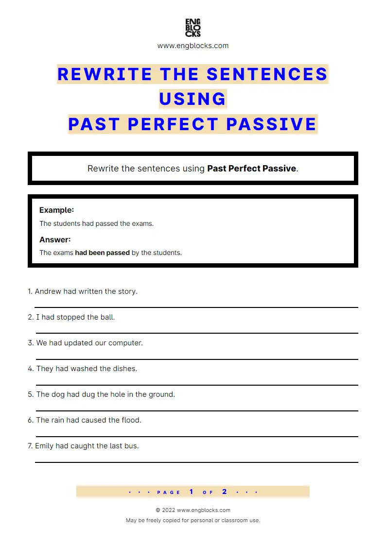 Grammar Worksheet: Rewrite the sentences using Passive voice — Past Perfect