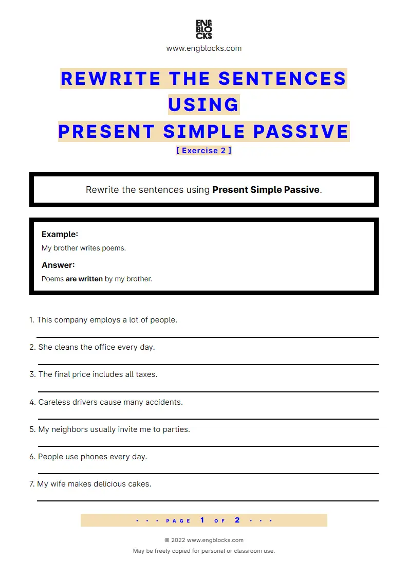 Grammar Worksheet: Rewrite the sentences using Present Simple Passive — Exercise 2