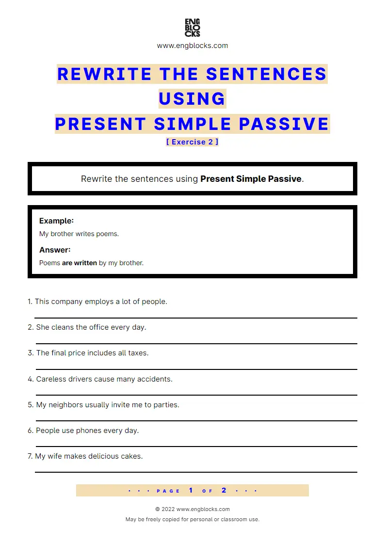 Grammar Worksheet: Rewrite the sentences using Present Simple Passive — Exercise 2