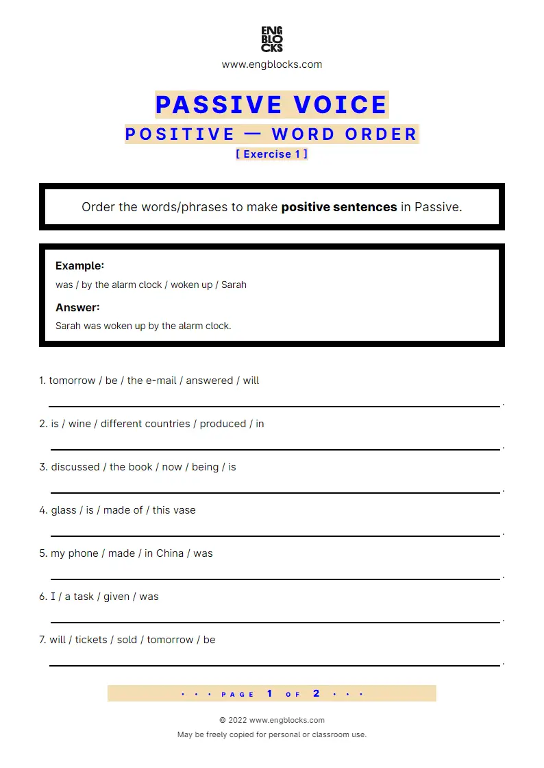 Grammar Worksheet: Word order in Passive — Positive — Exercise 1