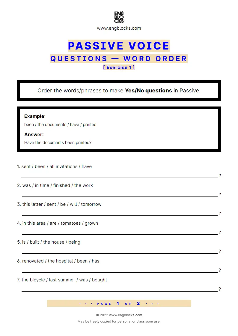 Grammar Worksheet: Word order in Passive — Question — Exercise 1