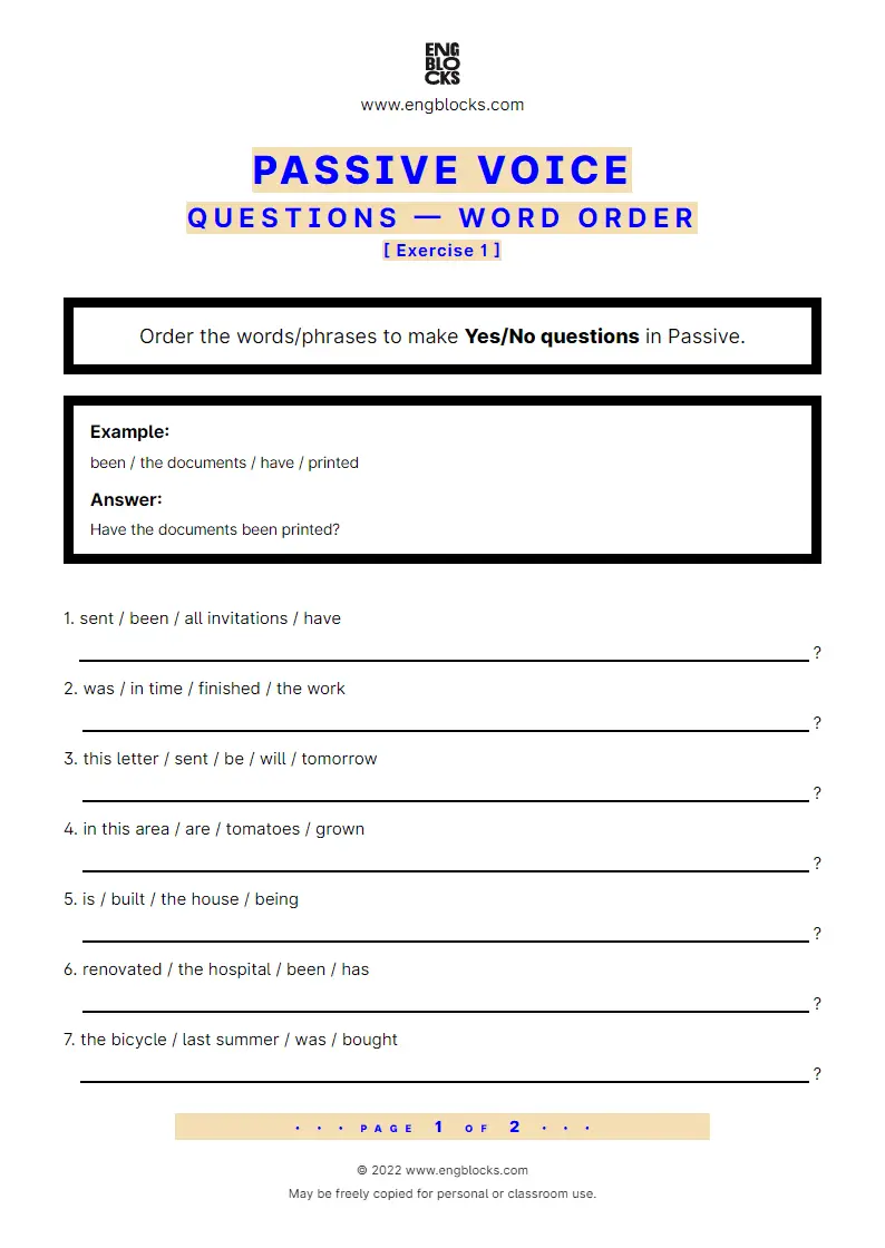 Grammar Worksheet: Word order in Passive — Question — Exercise 1