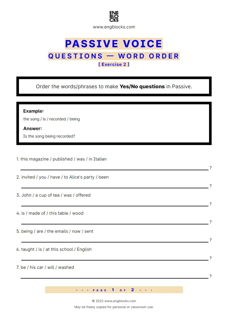 Grammar Worksheet: Word order in Passive — Question — Exercise 2