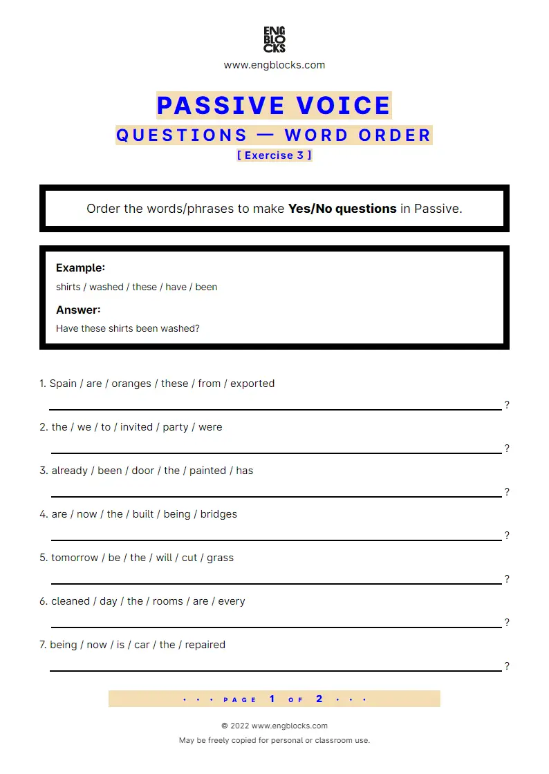 Grammar Worksheet: Word order in Passive — Question — Exercise 3
