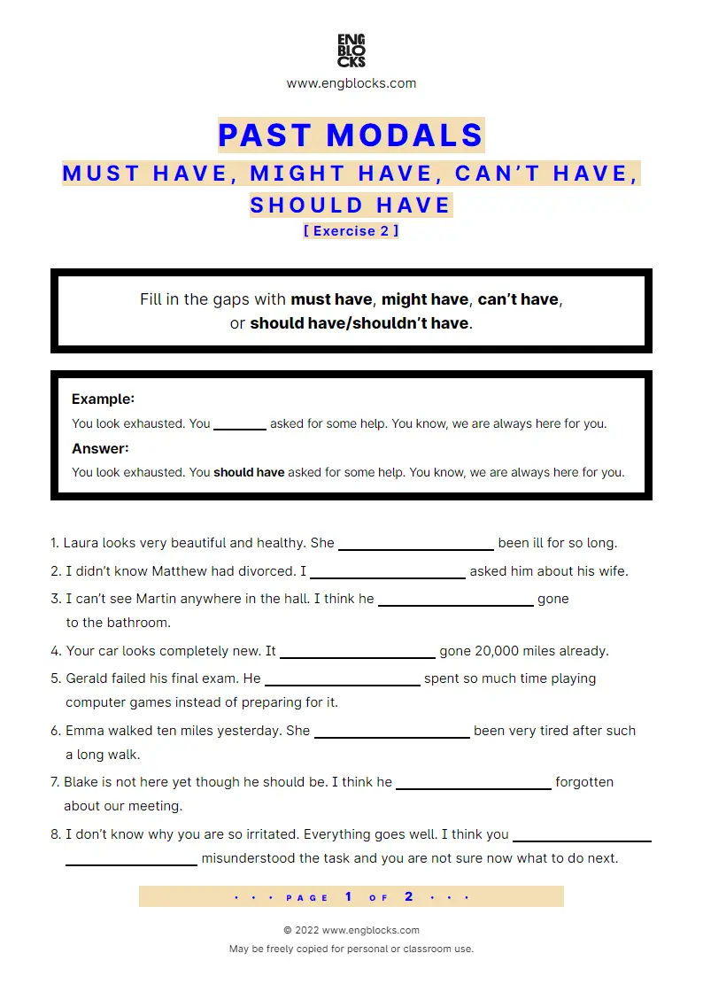 Grammar Worksheet: must have, might have, can’t have, should have — Exercise 2