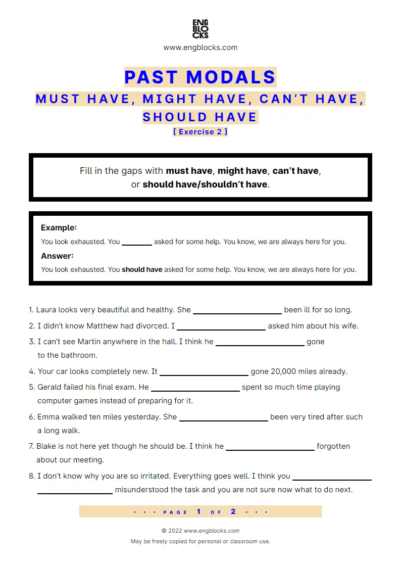 Grammar Worksheet: must have, might have, can’t have, should have — Exercise 2