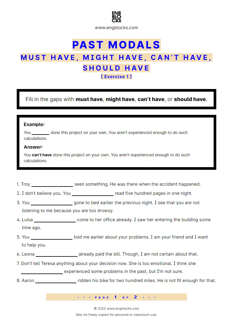 Grammar Worksheet: must have, might have, can’t have, should have
