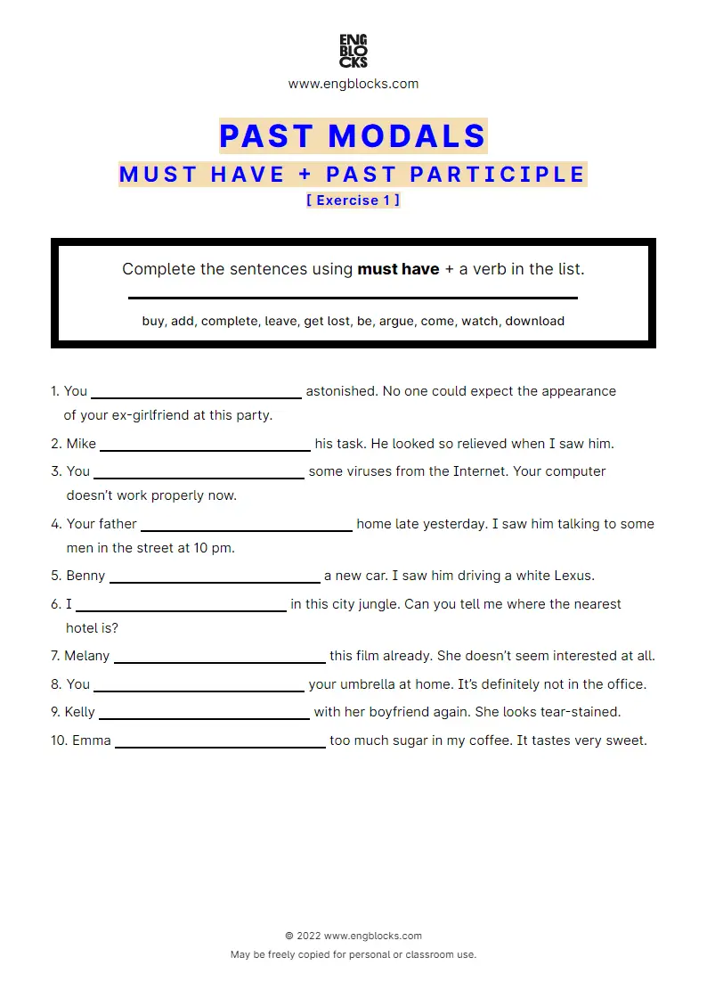 Grammar Worksheet: must have + past participle