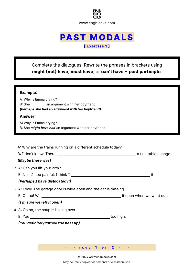 Grammar Worksheet: Past Modals — Exercise 1