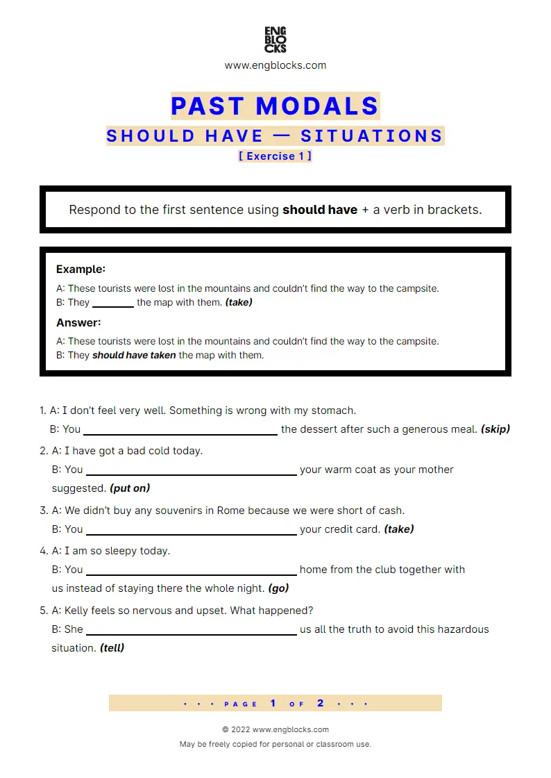 Grammar Worksheet: should have — Situations