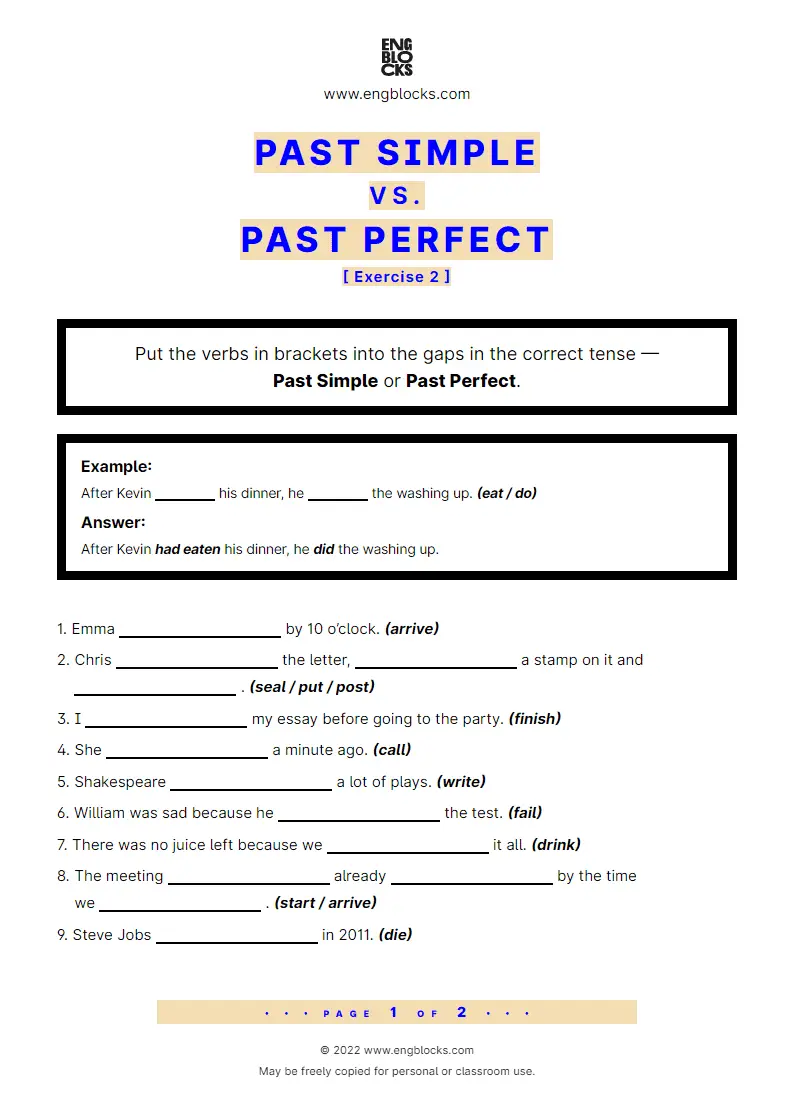 Grammar Worksheet: Past Simple and Past Perfect — Exercise 2