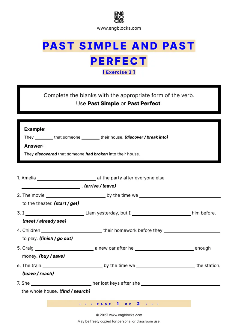 Grammar Worksheet: Past Simple and Past Perfect — Exercise 3