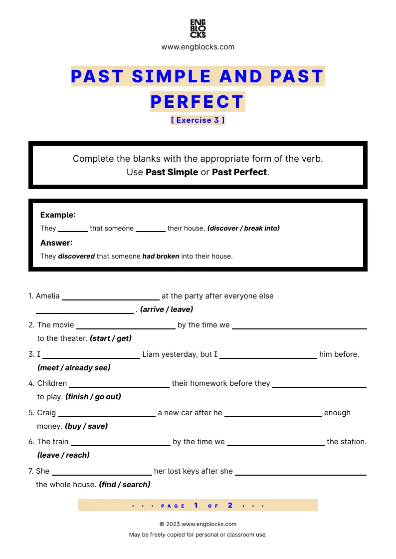 Grammar Worksheet: Past Simple and Past Perfect — Exercise 3