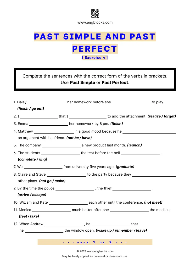 Grammar Worksheet: Past Simple and Past Perfect — Exercise 4