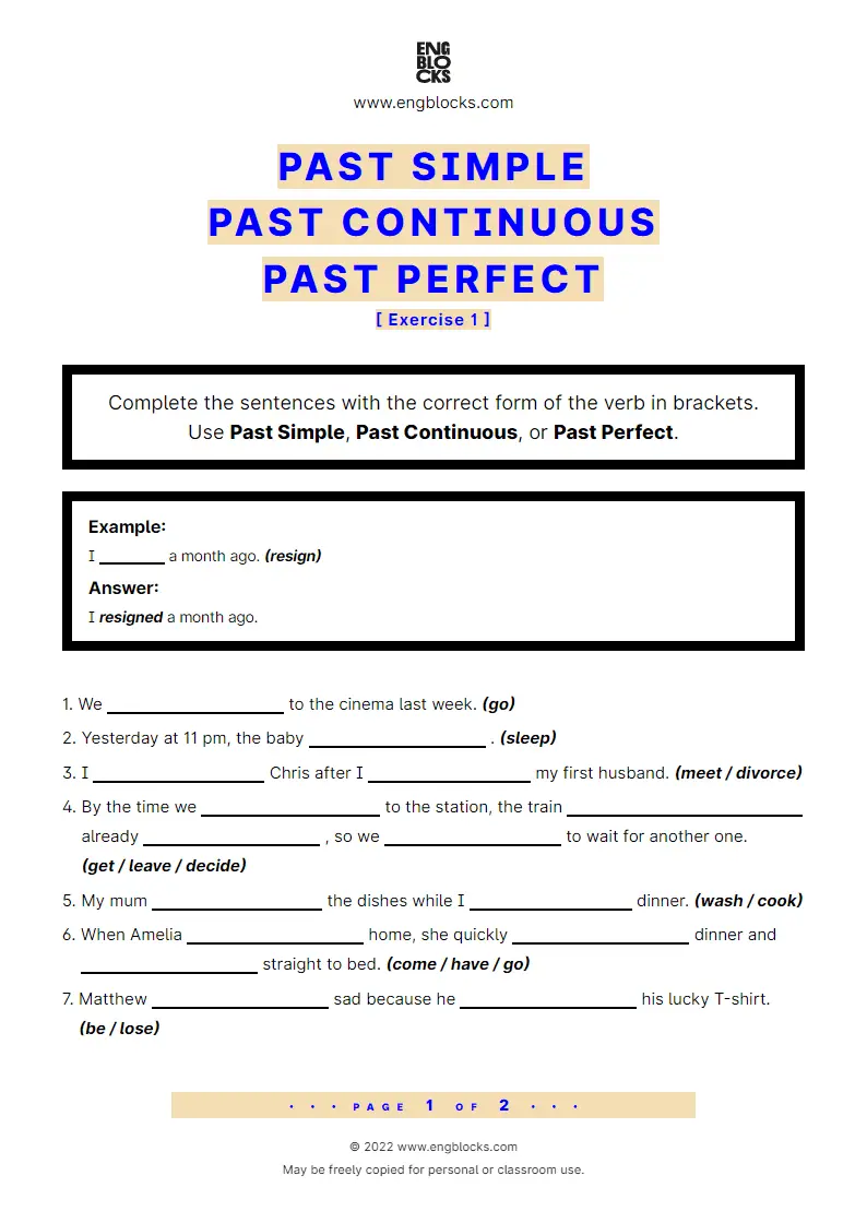 Grammar Worksheet: Past Simple, Past Continuous, Past Perfect — Exercise 1