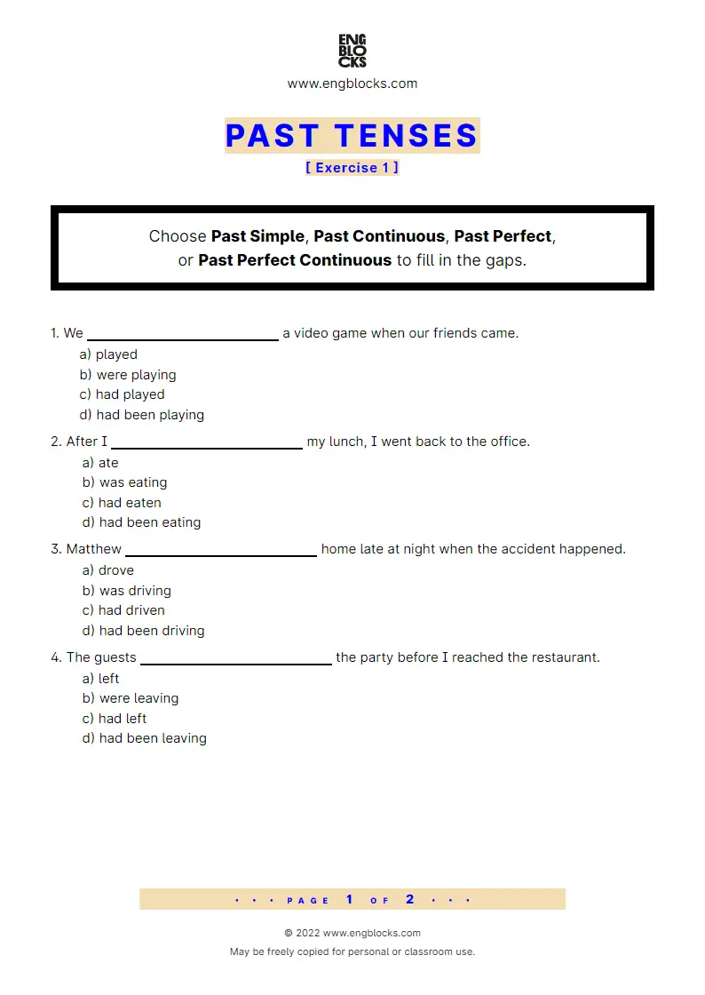 Grammar Worksheet: Past Tenses — Exercise 1