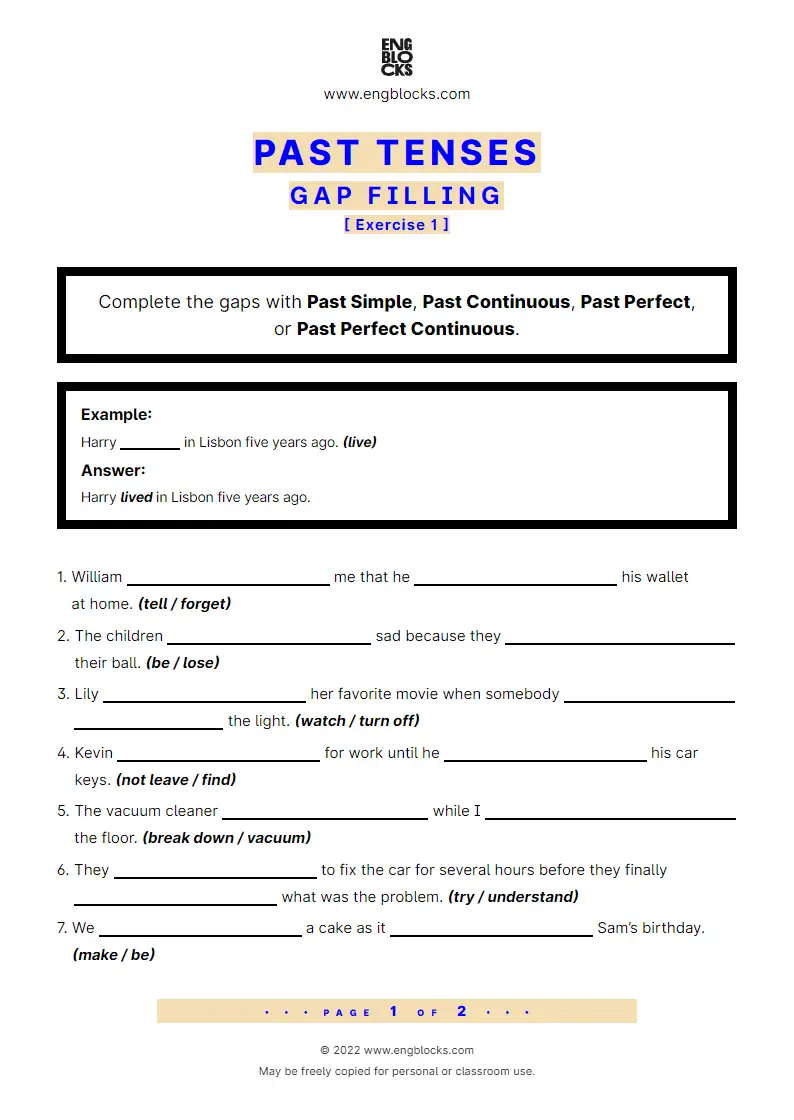 Grammar Worksheet: Past Tenses — Gap filling — Exercise 1