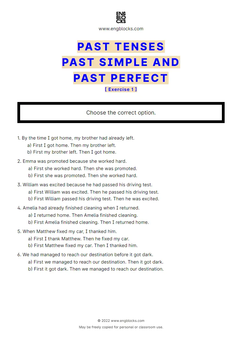 Grammar Worksheet: Past Tenses — Past Simple and Past Perfect — Exercise 1