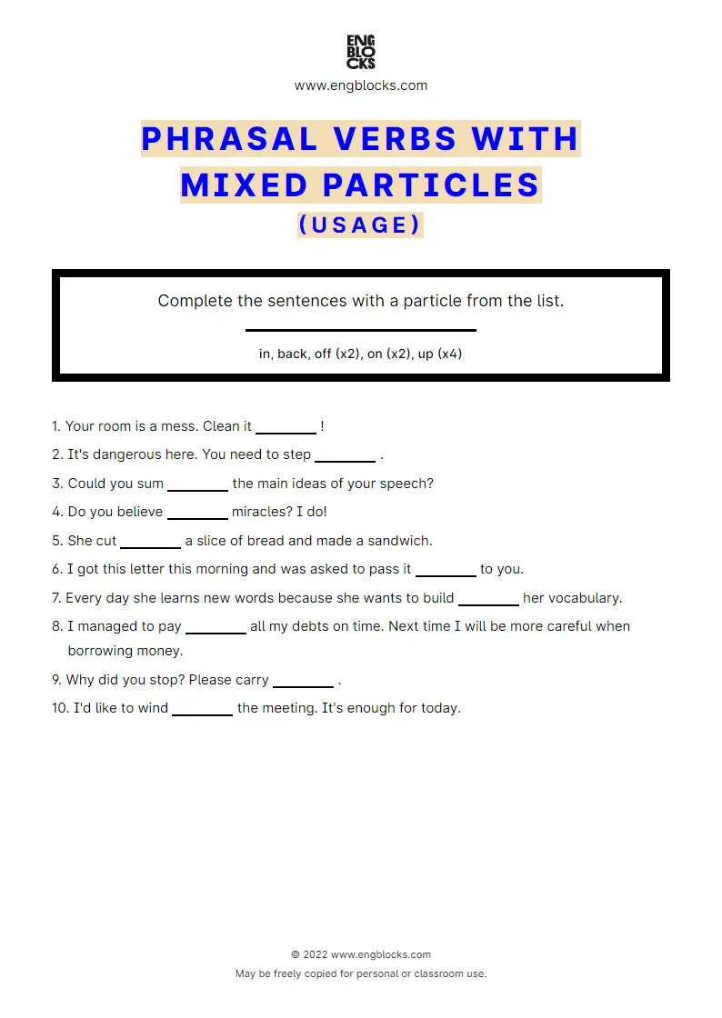 Grammar Worksheet: Phrasal verbs with mixed (off, on, up, back, in) particles — Exercise 2 — usage