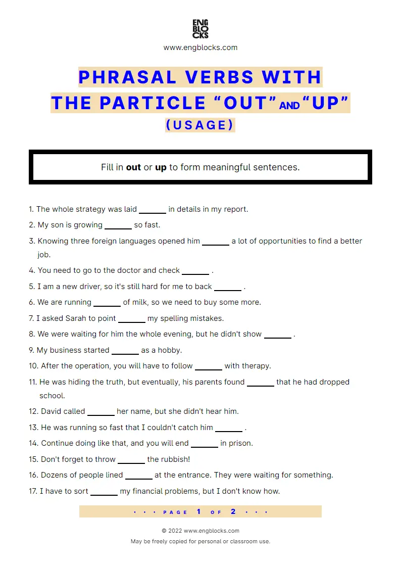 Grammar Worksheet: Phrasal verbs with the particle out and up — usage