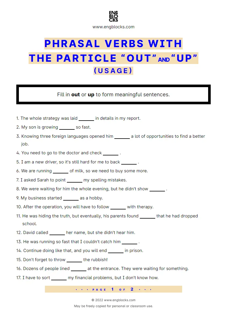 Grammar Worksheet: Phrasal verbs with the particle out and up — usage