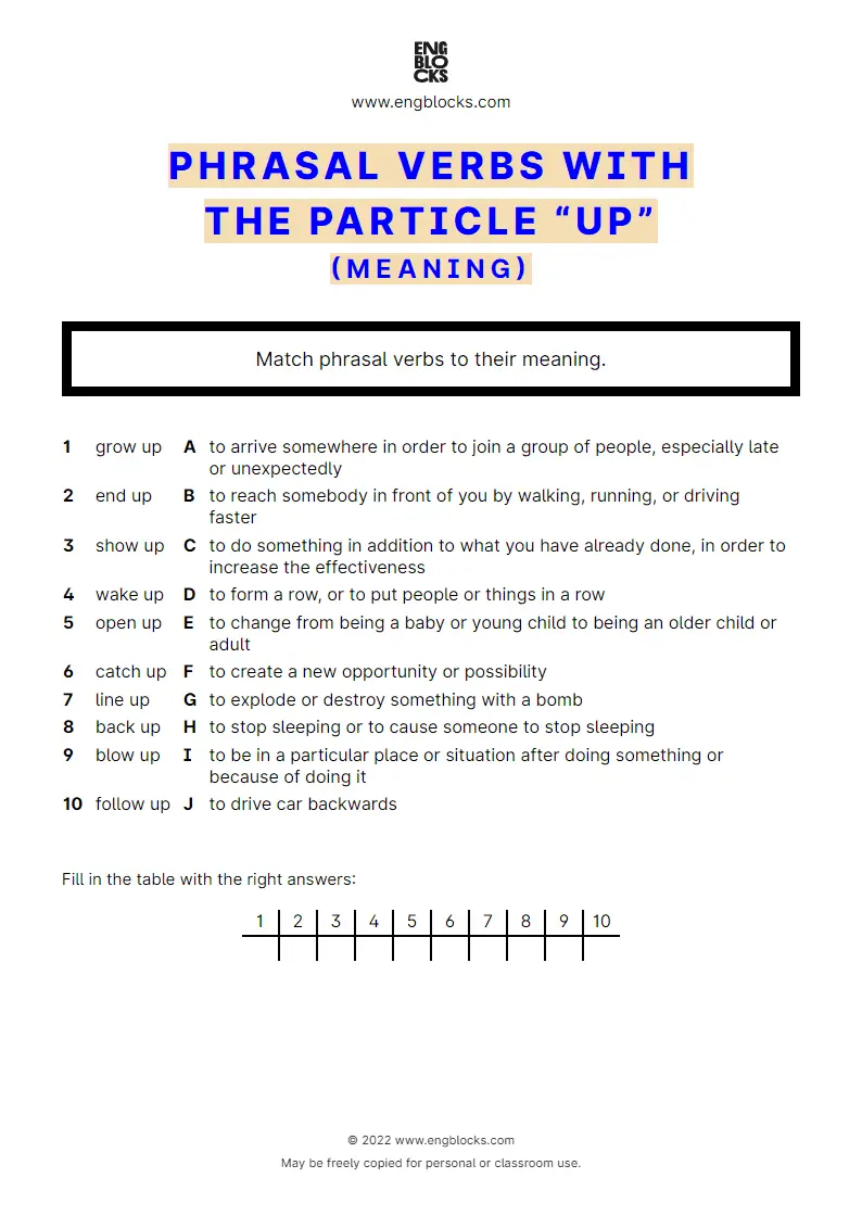 Grammar Worksheet: Phrasal verbs with the particle up — meaning