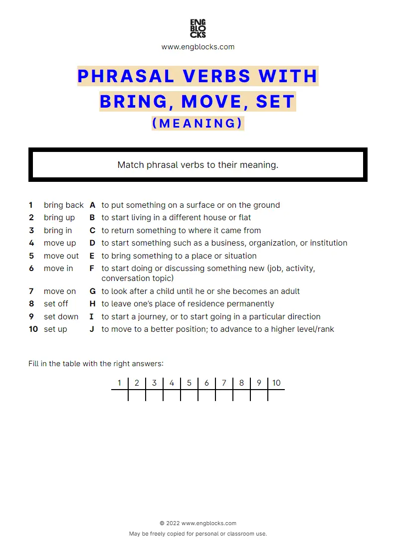 culture Continuous newspaper Phrasal verbs with the verb bring, move, set - Exercise 1 - meaning -  Worksheet | English Grammar