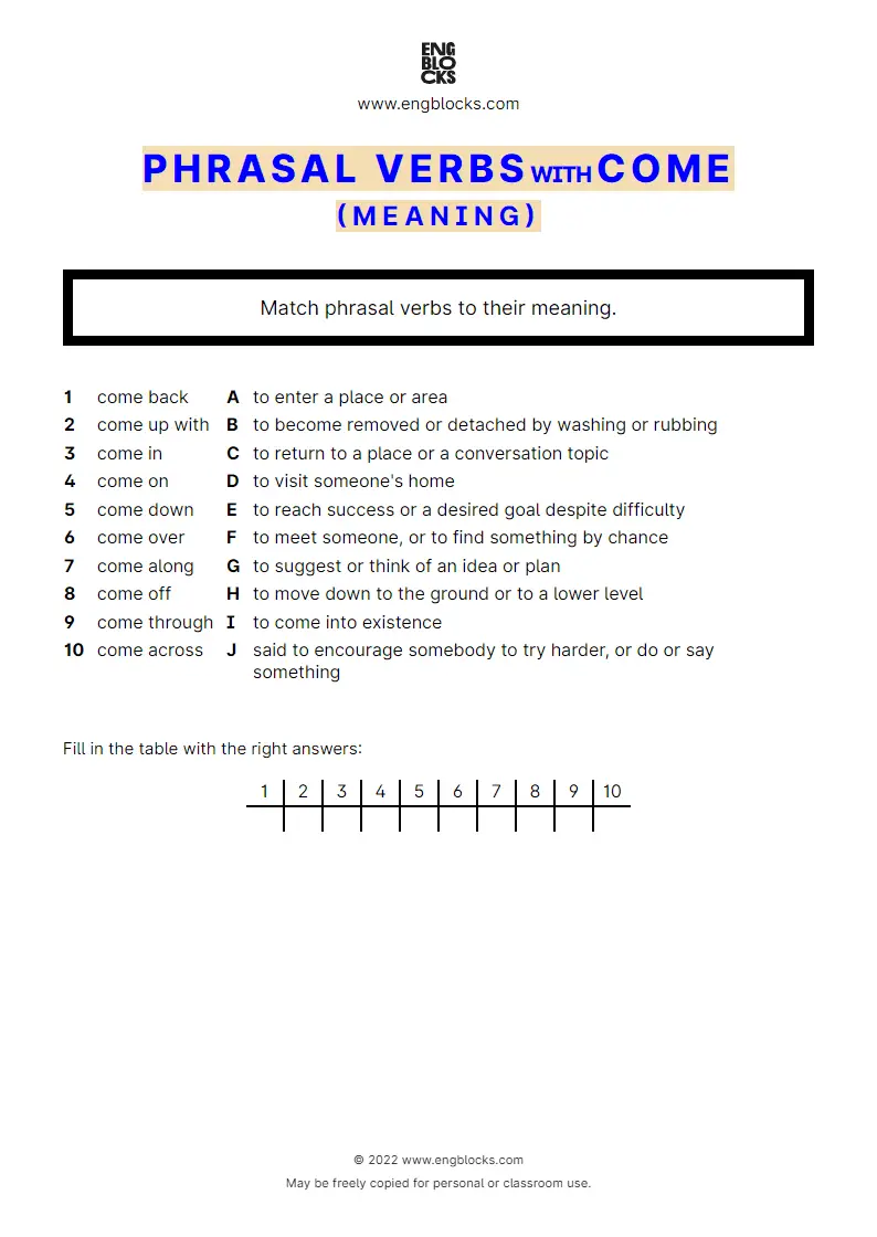 Grammar Worksheet: Phrasal verbs with the verb come — Exercise 1 — meaning