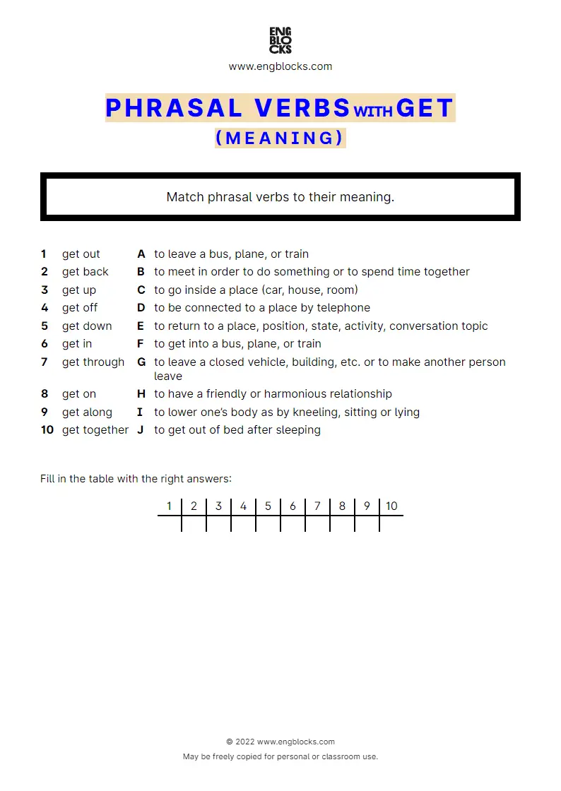 Grammar Worksheet: Phrasal verbs with the verb get — Exercise 1 — meaning