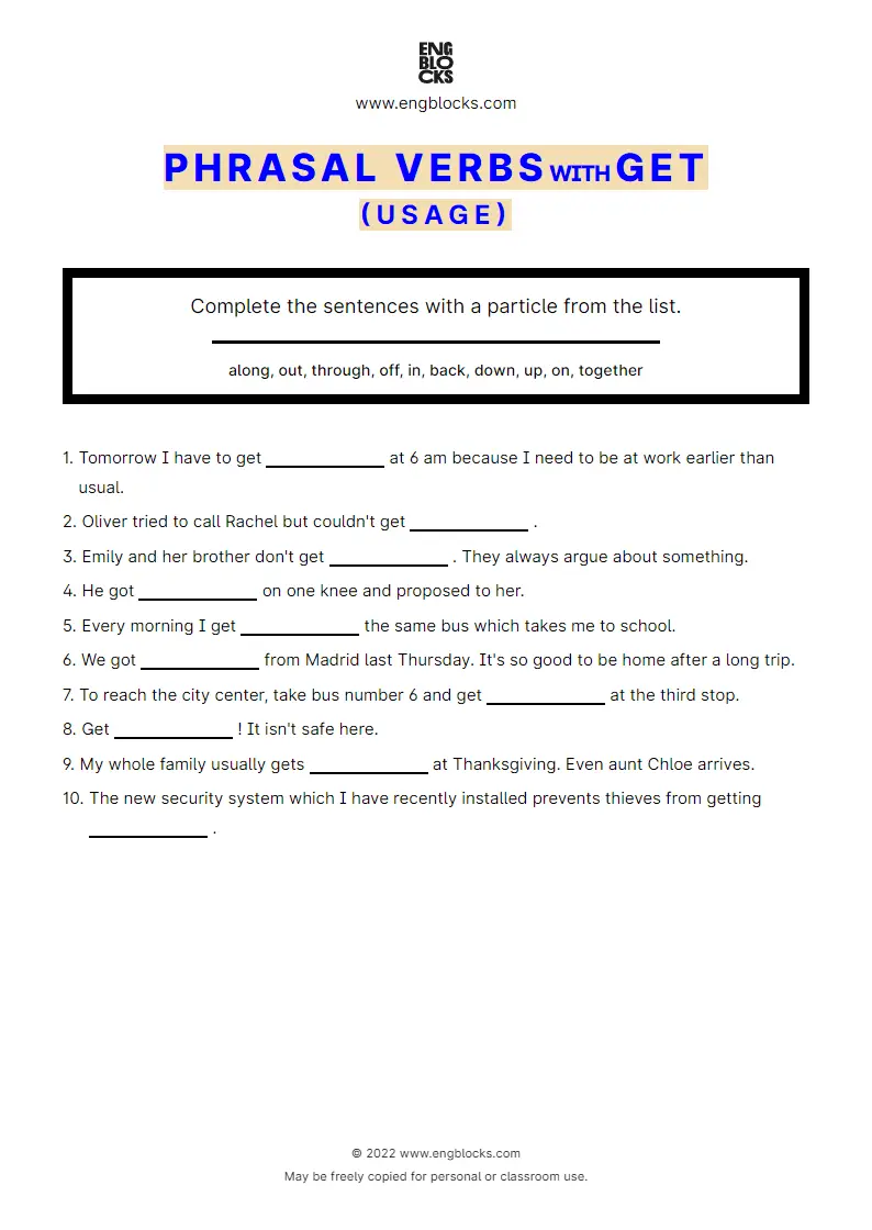 Grammar Worksheet: Phrasal verbs with the verb get — Exercise 2 — usage