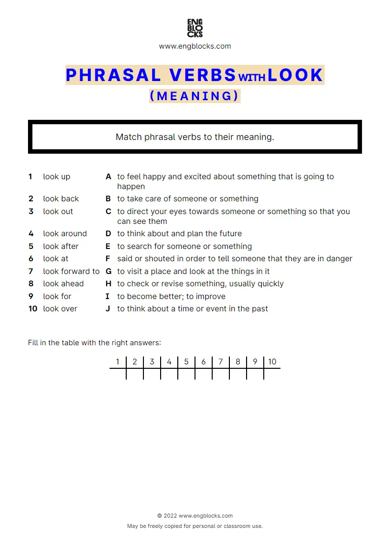 Grammar Worksheet: Phrasal verbs with the verb look — Exercise 1 — meaning