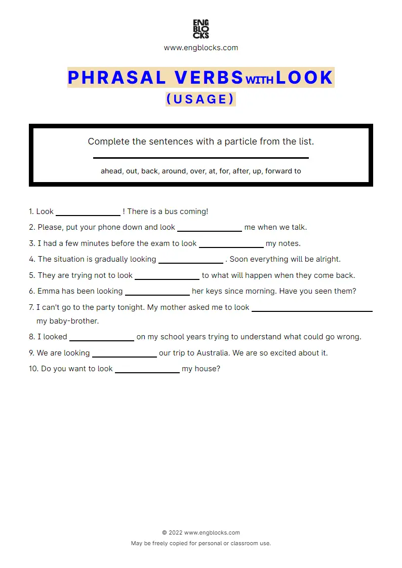 Grammar Worksheet: Phrasal verbs with the verb look — Exercise 2 — usage