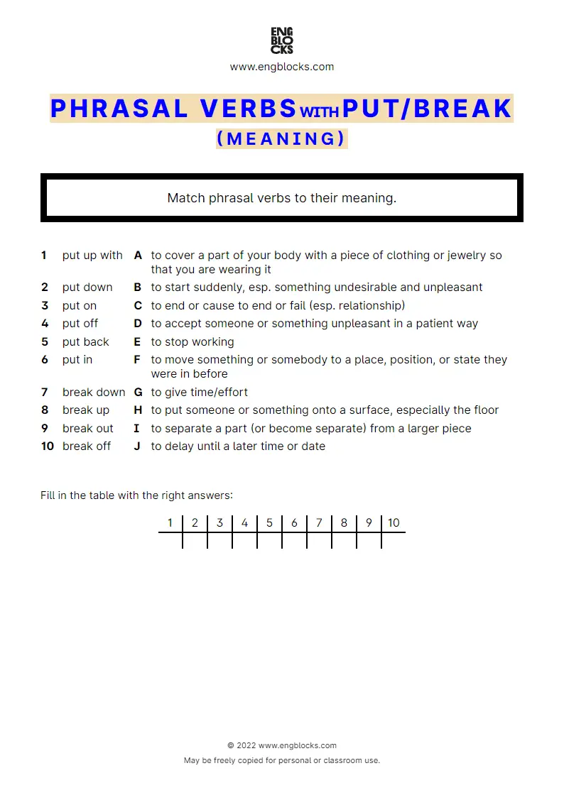 Grammar Worksheet: Phrasal verbs with the verb put and break — Exercise 1 — meaning