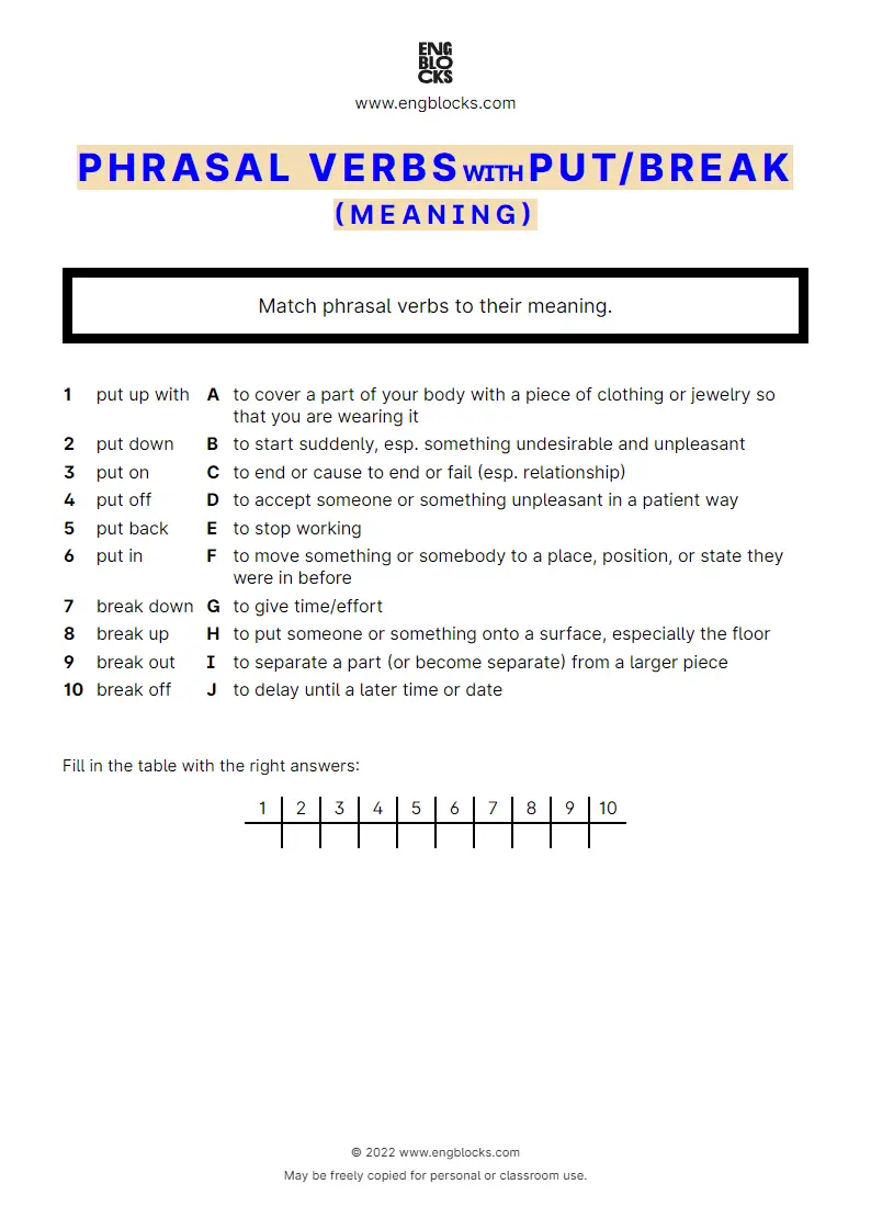 Grammar Worksheet: Phrasal verbs with the verb put and break — Exercise 1 — meaning