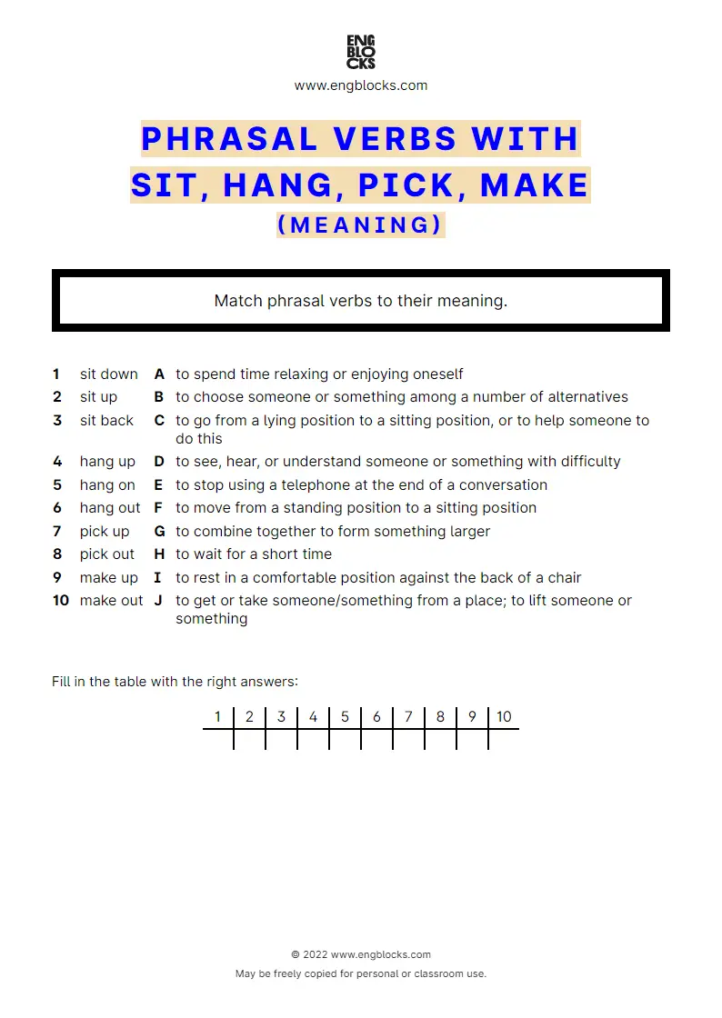 Grammar Worksheet: Phrasal verbs with the verb sit, hang, pick, make — Exercise 1 — meaning