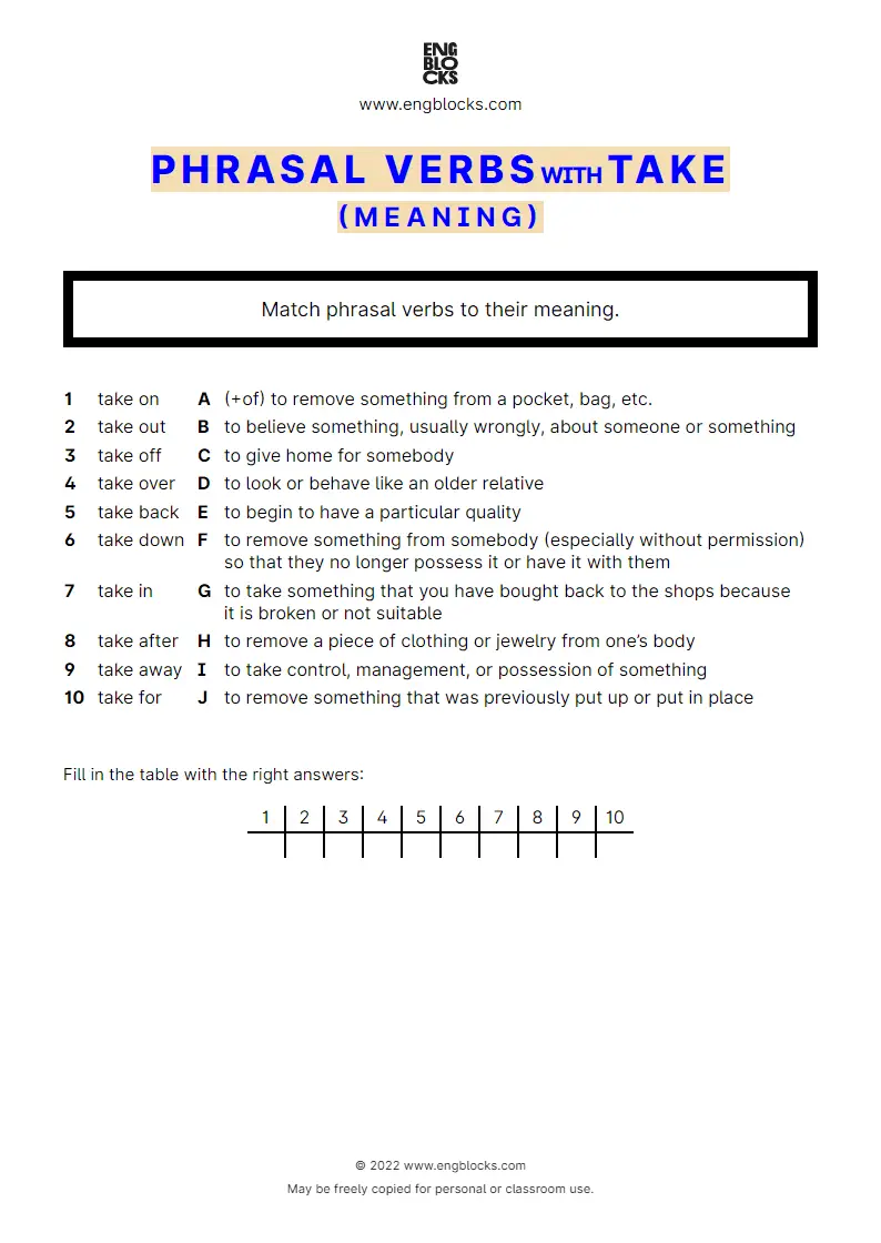 Grammar Worksheet: Phrasal verbs with the verb take — Exercise 1 — meaning