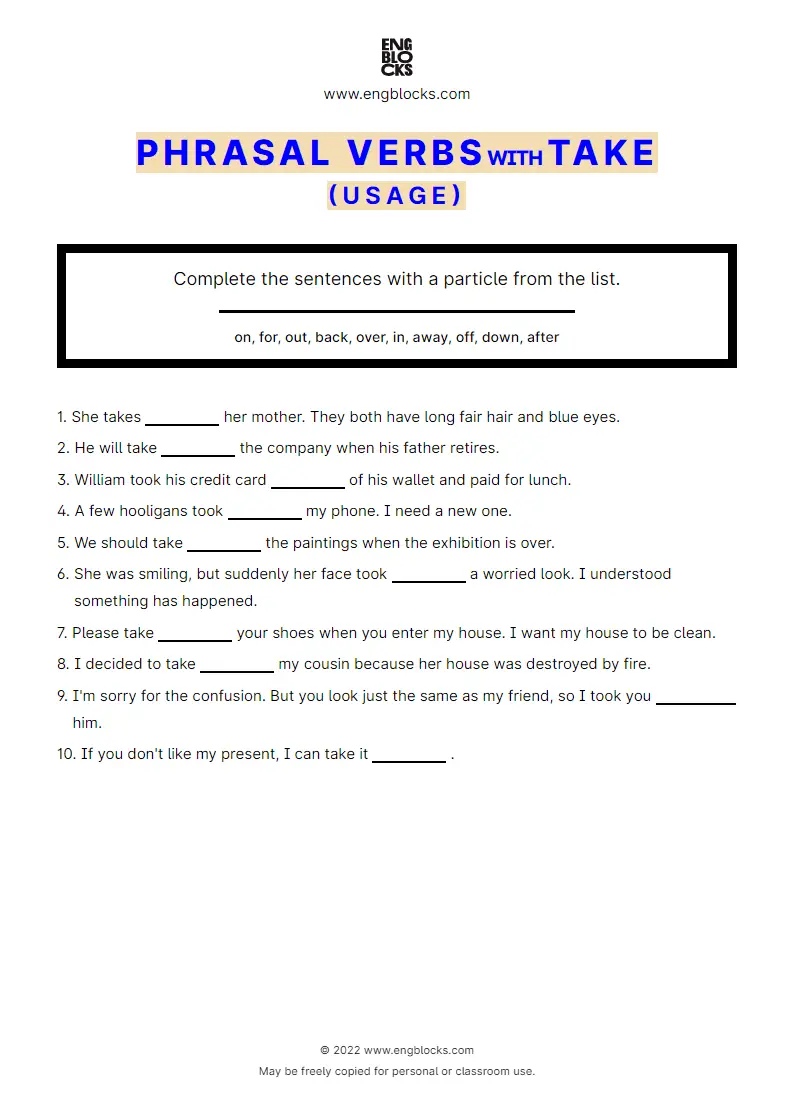 Grammar Worksheet: Phrasal verbs with the verb take — Exercise 2 — usage