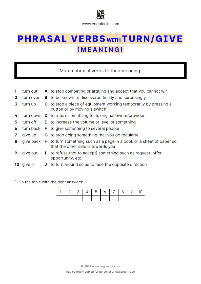 Grammar Worksheet: Phrasal verbs with the verb turn and give — Exercise 1 — meaning