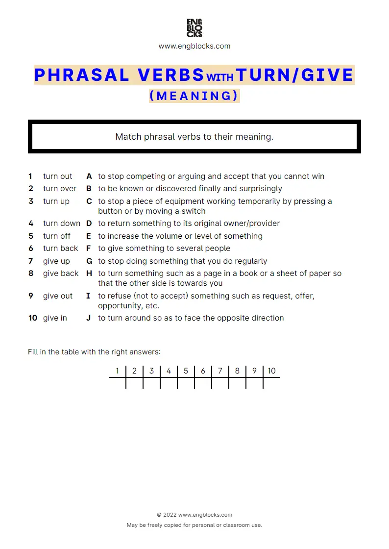 Grammar Worksheet: Phrasal verbs with the verb turn and give — Exercise 1 — meaning