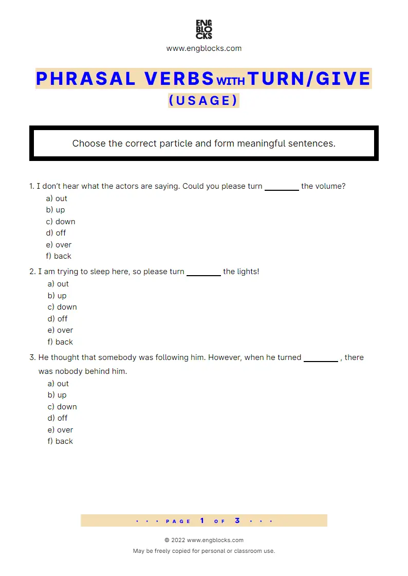 Grammar Worksheet: Phrasal verbs with the verb turn and give — Exercise 2 — usage