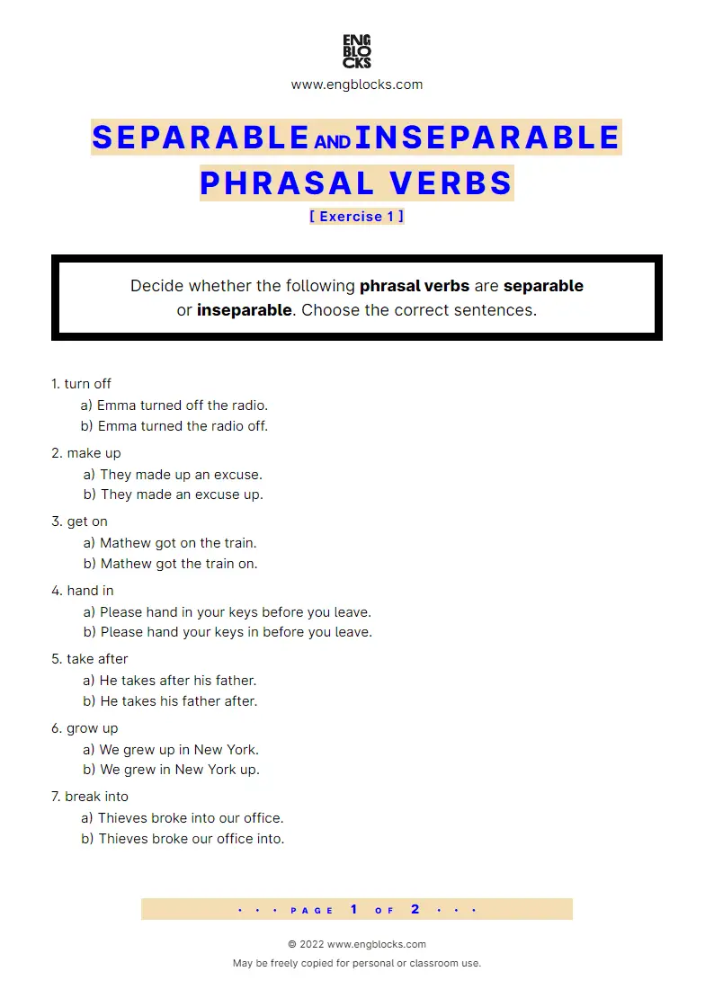 Grammar Worksheet: Separable and inseparable phrasal verbs — Exercise 1