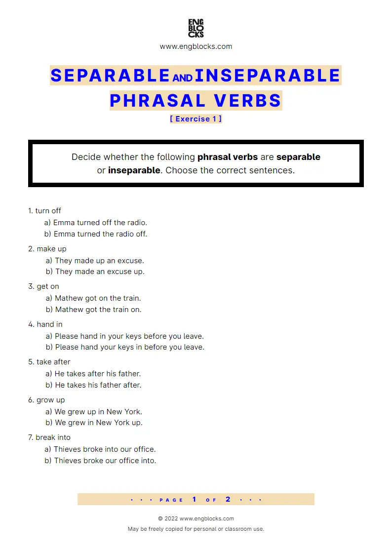 Grammar Worksheet: Separable and inseparable phrasal verbs — Exercise 1