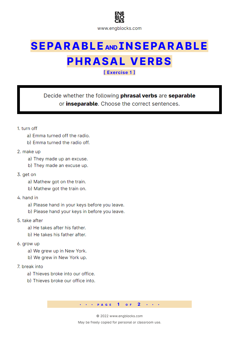 Separable And Inseparable Phrasal Verbs Exercise 1 Worksheet English Grammar