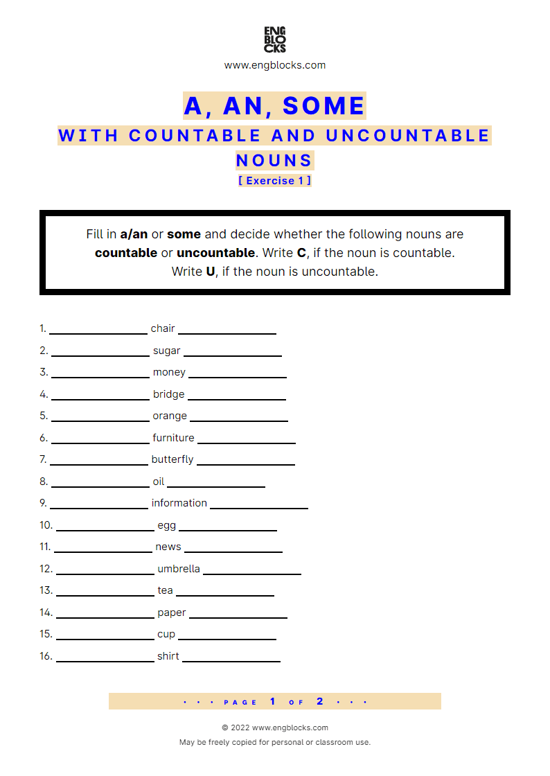 A an Or Some With Countable And Uncountable Nouns Worksheet English Grammar