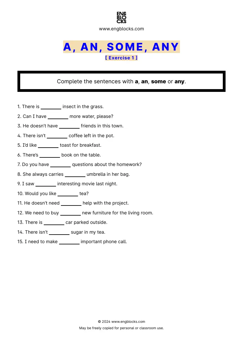 Grammar Worksheet: a, an, some, any — Exercise 1